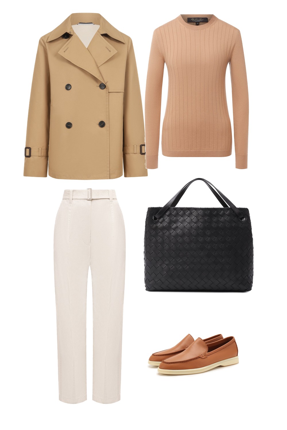 Флэт-лей: бежевый тренч Weekend Max Mara, кашемировый пуловер Loro Piana, кремовые брюки Brunello Cucinelli, чёрный тоут Bottega Veneta и коричневые лоферы Loro Piana