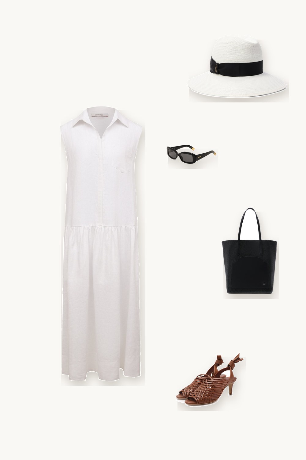Флэт-лей: белое льняное платье Weekend Max Mara, соломенная шляпа Borsalino, солнцезащитные очки Jacquemus, чёрный тоут и кожаные босоножки Loro Piana