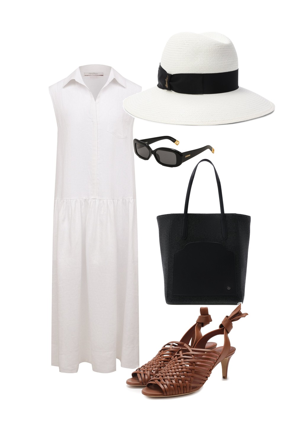 Флэт-лей: белое льняное платье Weekend Max Mara, соломенная шляпа Borsalino, солнцезащитные очки Jacquemus, чёрный тоут и кожаные босоножки Loro Piana